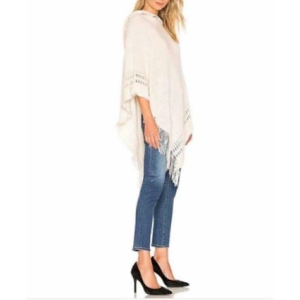Minette Sweater Poncho Womens One Size Fringe Trim Hooded Ivory Comfy Boho